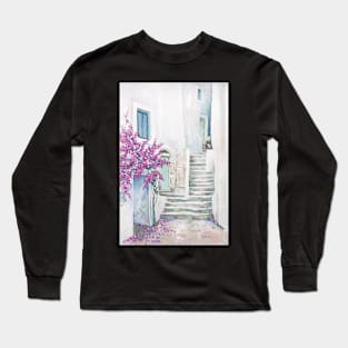 Mediterranean street with bouganville oil painting Long Sleeve T-Shirt